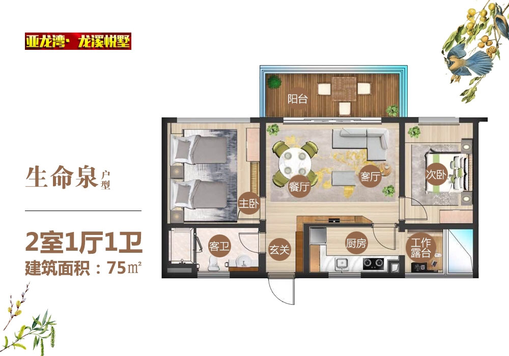 2房1厅1厨1卫 建筑面积：75㎡