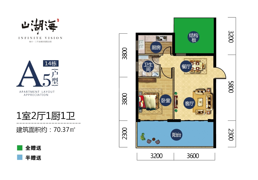 山湖海A5户型 1室2厅1厨1卫 建筑面积：70.37㎡