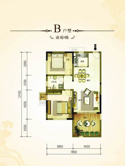北苑8栋C户型2房2厅1居室卫 建筑面积：85㎡