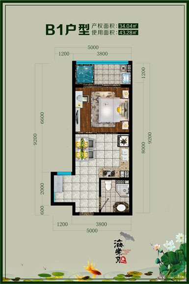 一室一厅一卫 建筑面积：34.04㎡