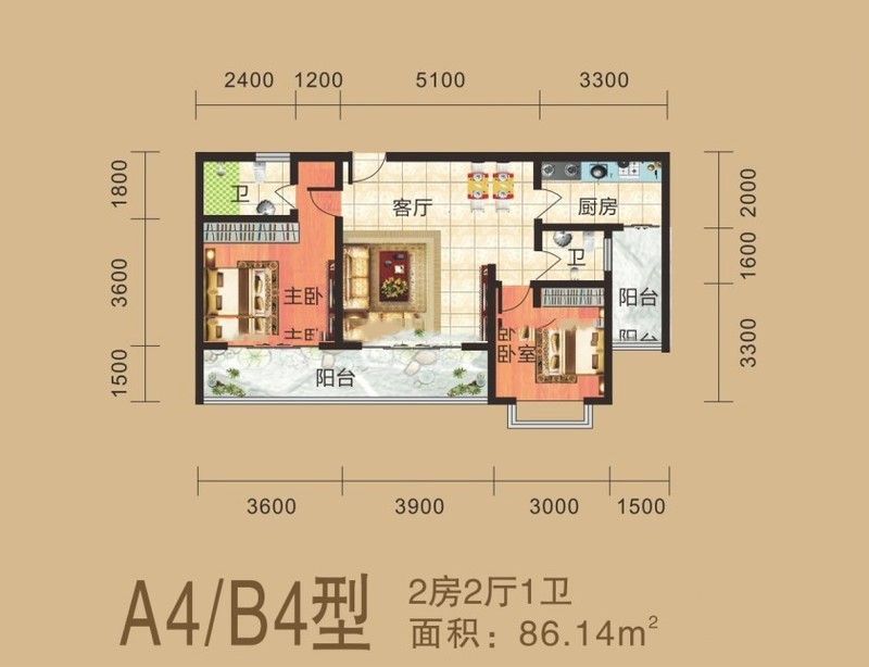 2房2厅1卫 建筑面积：86㎡