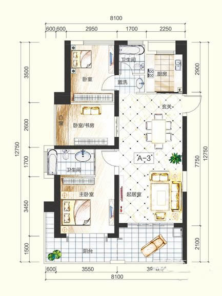 3房2厅2卫 建筑面积：103㎡