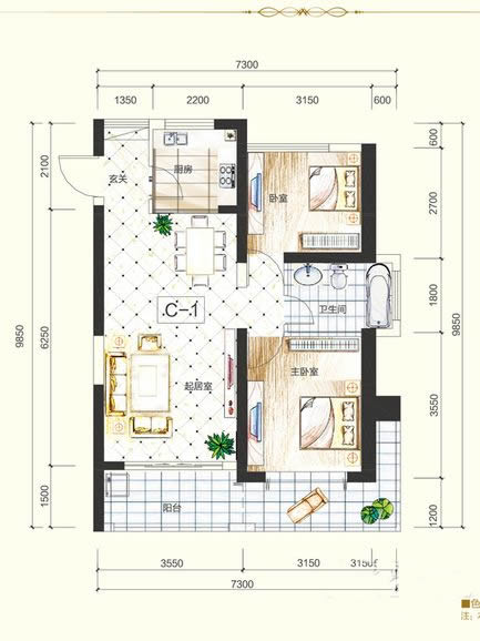 2房2厅1卫 建筑面积：72㎡
