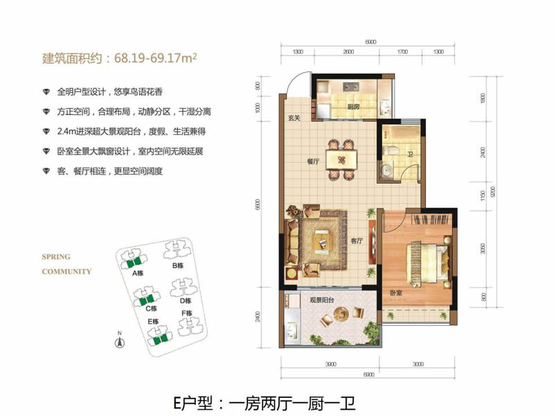 E户型1房2厅1卫 建筑面积：68㎡