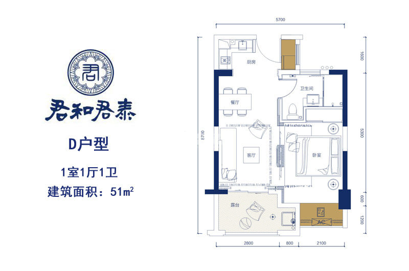 D户型 1室1厅1卫  建筑面积：51㎡