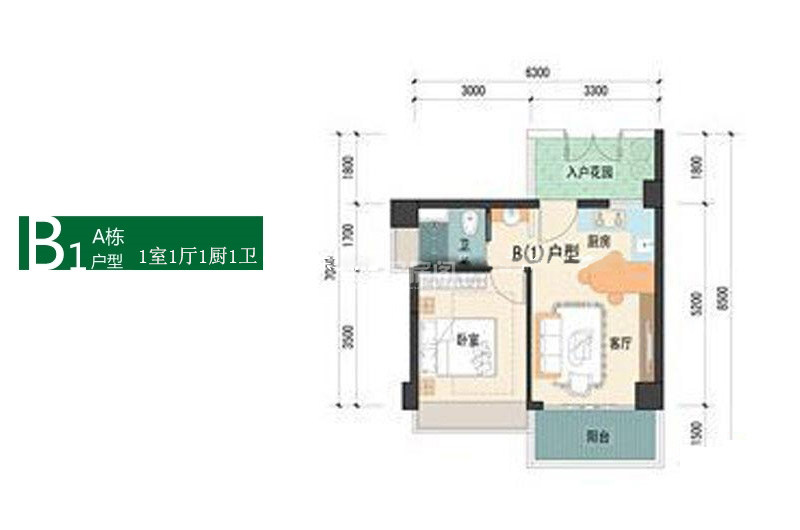 A栋A户型 1房1厅1卫 建筑面积：56㎡