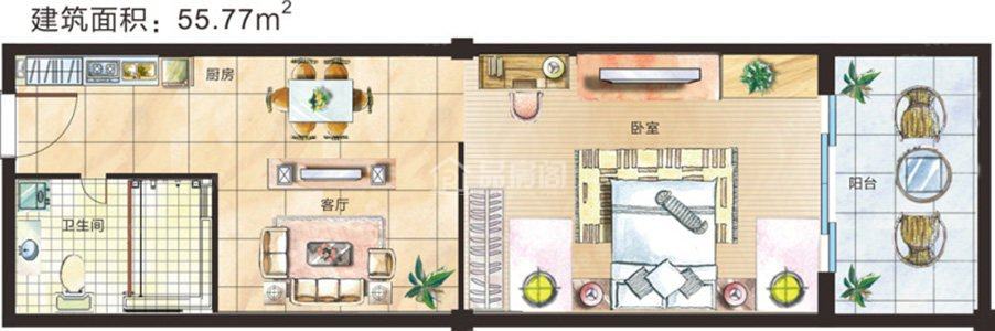 水岸椰风A2户型 1室1厅1卫 建筑面积：55.77㎡