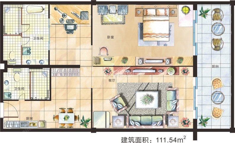 水岸椰风豪华套房户型 2室2厅2卫  建筑面积：111.54㎡