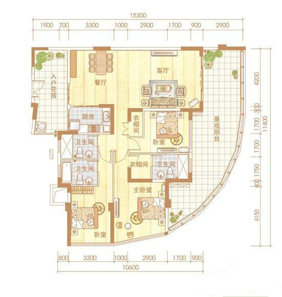 3室2厅3卫1厨 建筑面积：204.1㎡