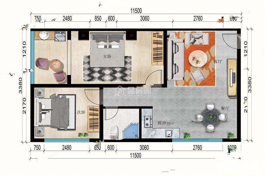 二居户型 2室2厅1卫   建筑面积：80㎡