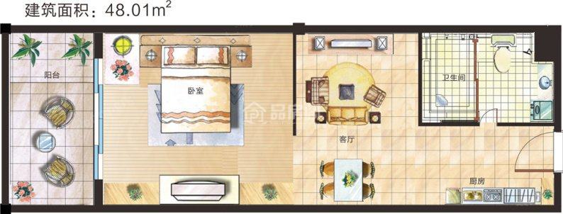 水岸椰风A1户型 1室1厅1卫 建筑面积：48.01㎡