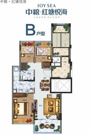 B户型 3室2厅1卫1厨   建筑面积：88㎡