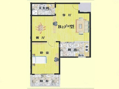 B2户型 1室1厅1卫  建筑面积：62.59㎡