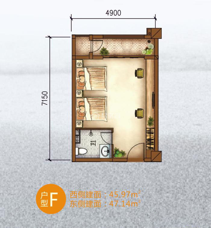F户型 1室1卫  建筑面积：45.97㎡