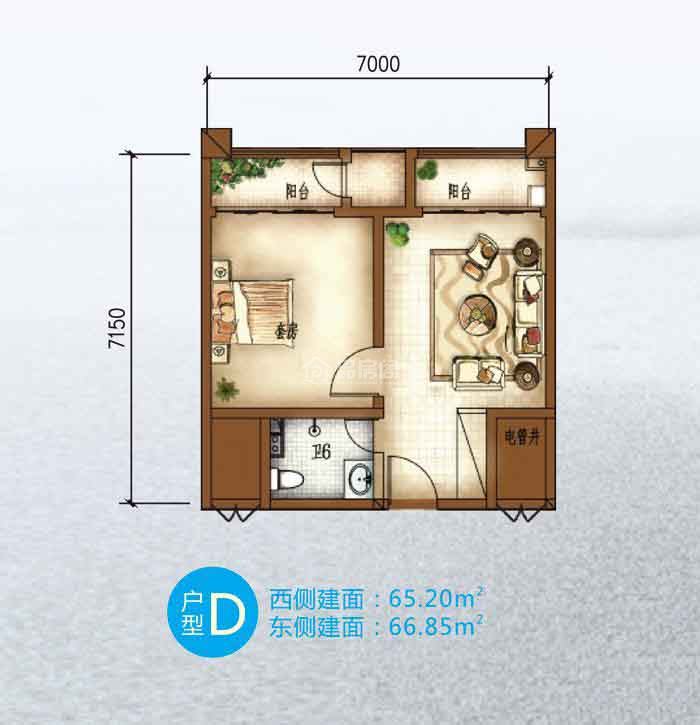 D户型 1室1厅1卫  建筑面积：65.2㎡