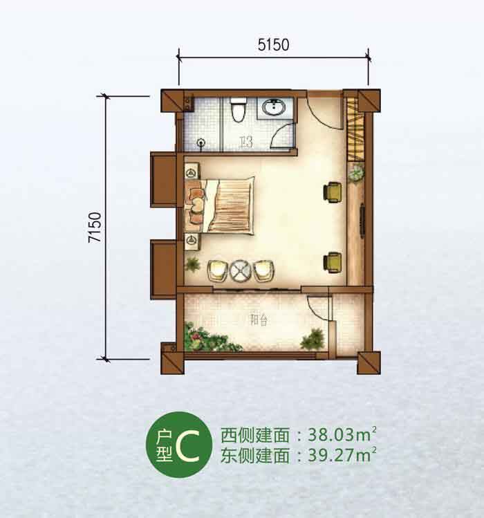 C户型 1室1卫   建筑面积：38.03㎡