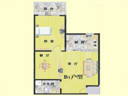 B1户型 1室2厅1卫  建筑面积：62.59㎡