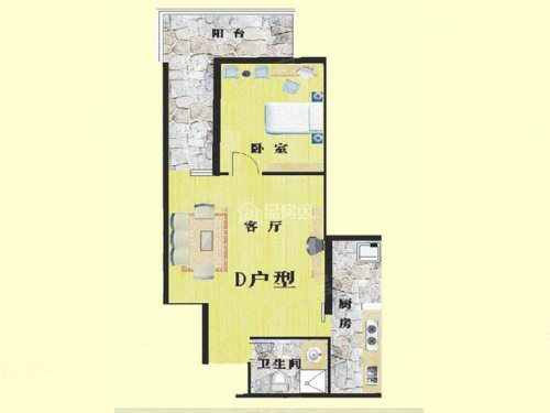 D户型 1室1厅1卫  建筑面积：60.87㎡