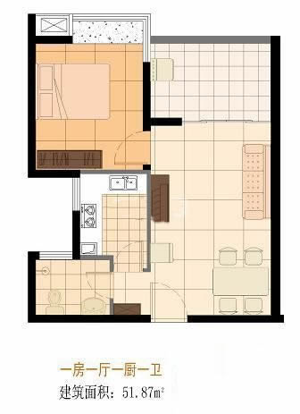 1房1厅1卫 建筑面积：51㎡