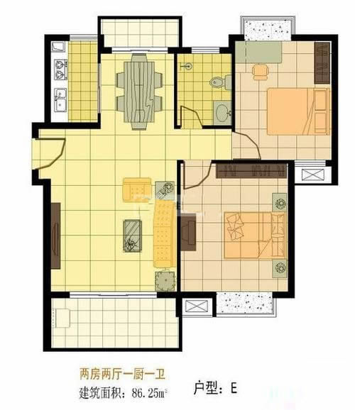 2房2厅1卫 建筑面积：86㎡