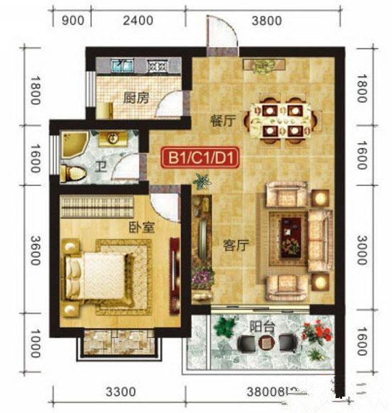 1室2厅1卫1厨 建筑面积：58㎡