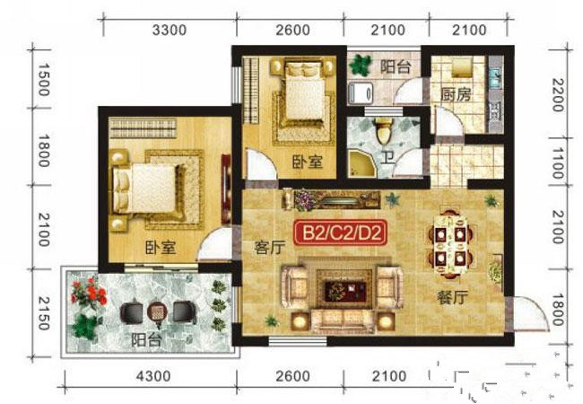 2室2厅1卫1厨 建筑面积：78㎡