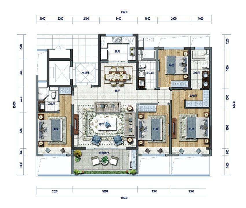    E2户型 4室2厅3卫   建筑面积：168㎡