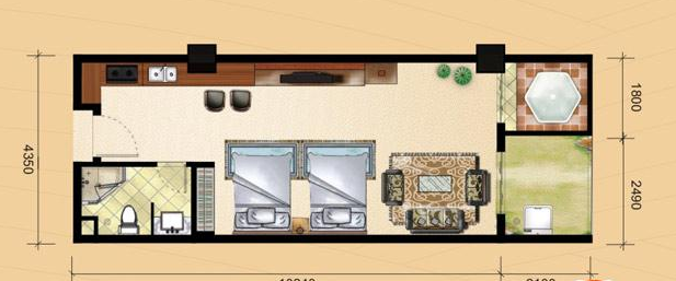  曼特宁温泉酒店公寓C户型3 1室1卫 建筑面积：68㎡