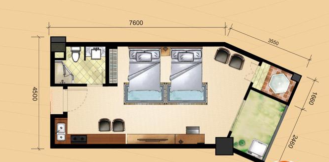  曼特宁温泉酒店公寓F户型1 1室1卫 建筑面积：57㎡