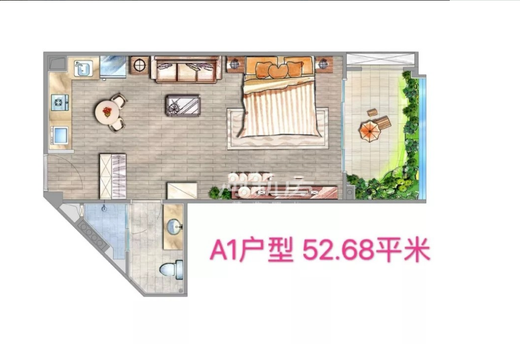  1室1厅1厨1卫 建筑面积：52.68㎡