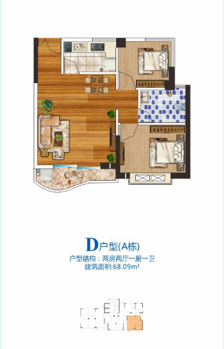 D户型2房2厅1卫 建筑面积：68㎡