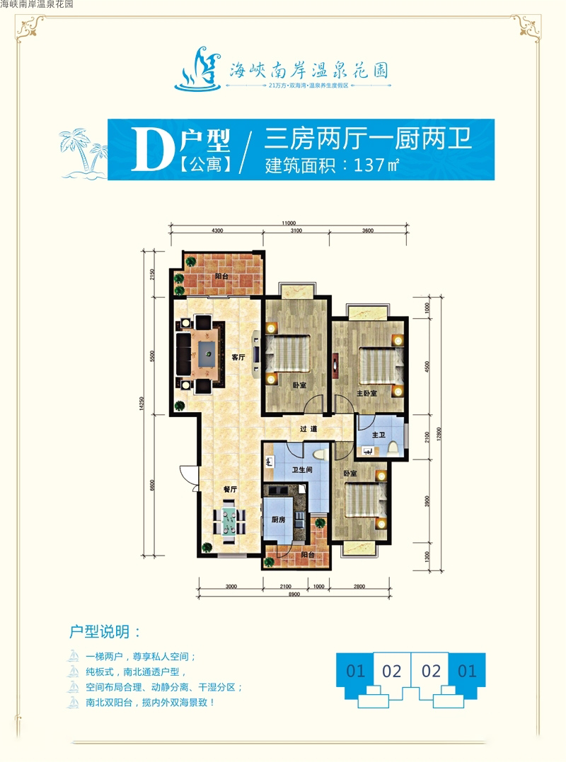 D户型3房2厅2卫 建筑面积：137㎡
