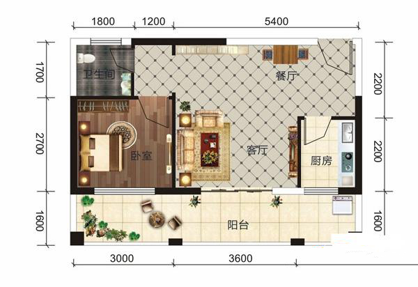 知言·山湖著E8户型1室2厅1厨1卫 建筑面积：39.6㎡