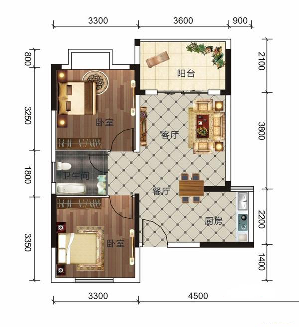 知言·山湖著B8户型2室2厅1厨1卫 建筑面积：74.1㎡