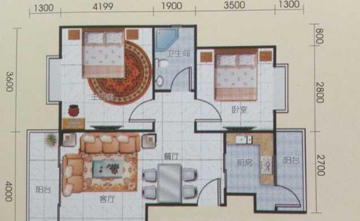 2房2厅1卫 建筑面积：84㎡