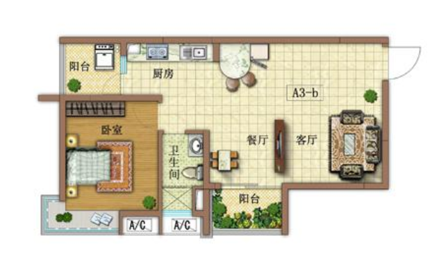 1房1厅1卫 建筑面积：68㎡