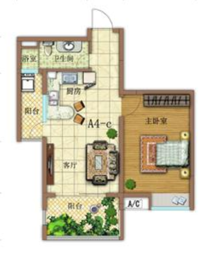1房1厅1卫 建筑面积：62㎡