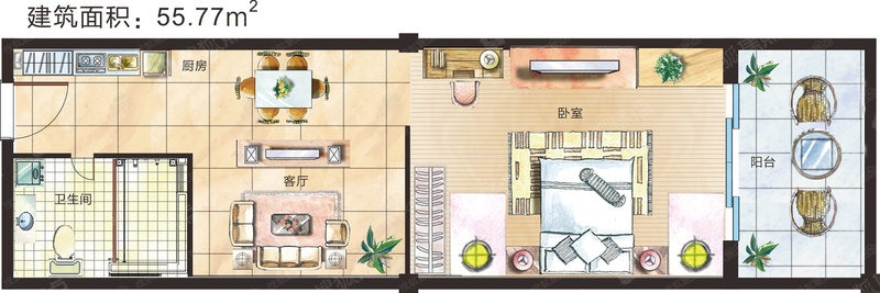 1室1厅1卫-55.77平  建筑面积：55.8㎡