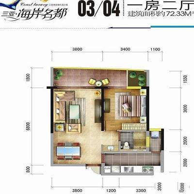 海岸名都0304户型图1室2厅1卫1厨建面  建筑面积：72.33㎡