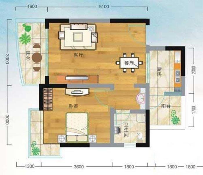 凤凰山城7、8号楼一房二厅1室2厅1卫1厨 建筑面积：51.17㎡