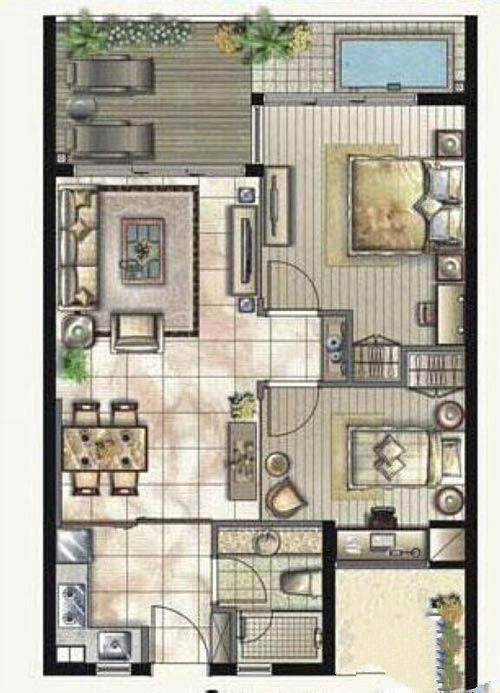 金中海蓝钻C新古典户型2室2厅1卫1厨 建筑面积：80.52㎡