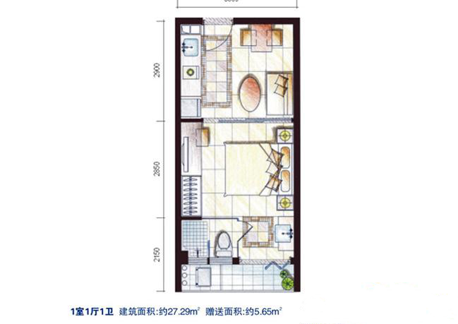 凤凰水城南岸酒店式公寓B户型1室1厅1卫 建筑面积：27.29㎡