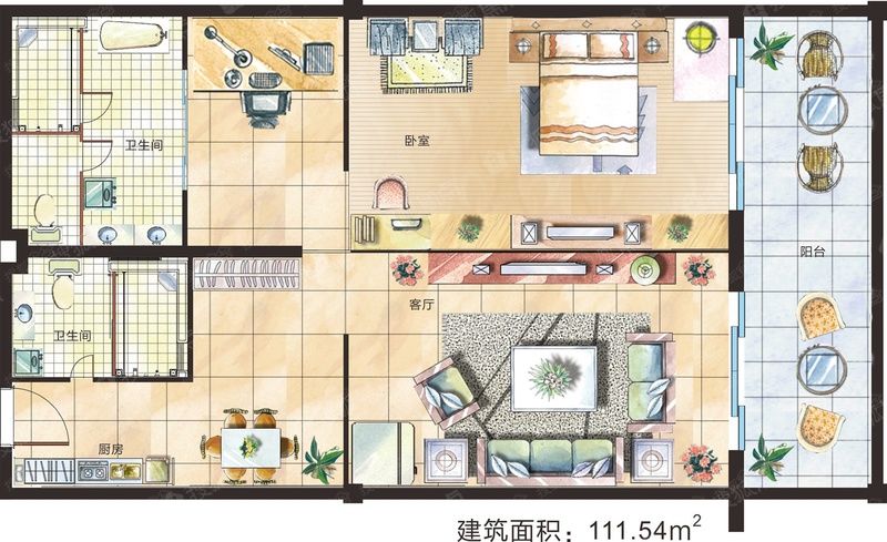 2室2厅2卫-111.54平 建筑面积：111.5㎡