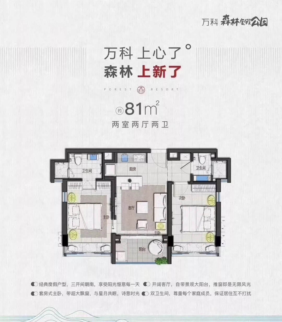 万科森林度假公园81㎡户型 两房两厅两卫 建筑面积：81㎡