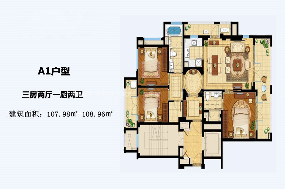 A1户型3室2厅2卫 建筑面积：107㎡