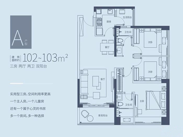 3房2厅2卫 建筑面积：102㎡