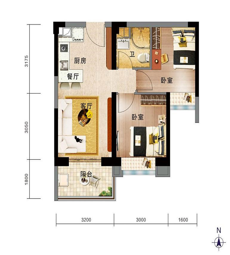 2房2厅1卫 建筑面积：63㎡