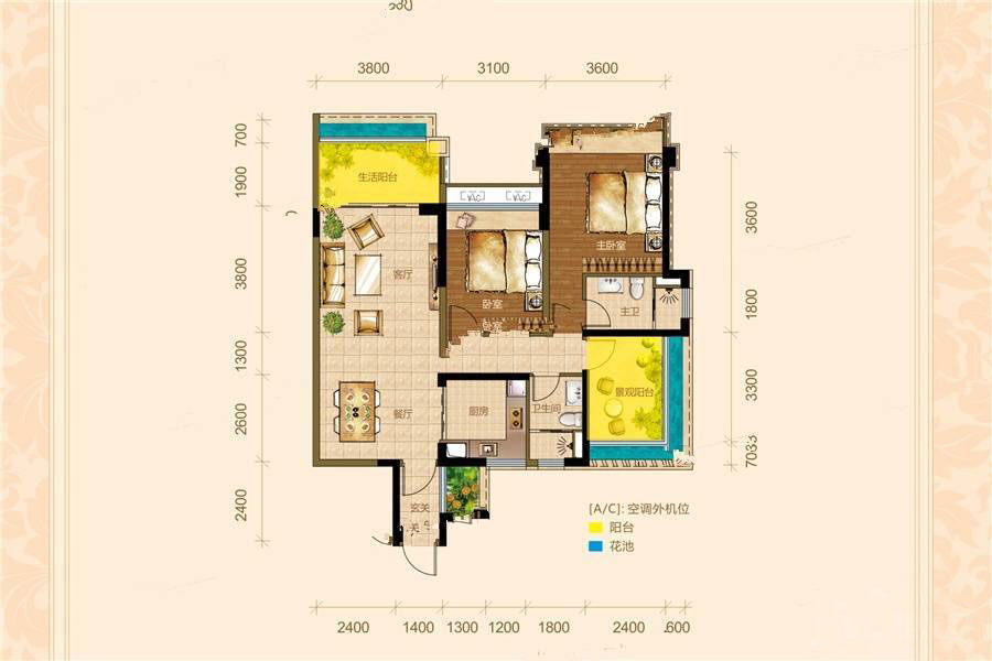 2室2厅2卫 建筑面积：92㎡