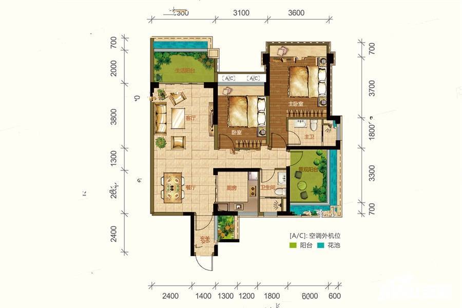 2室2厅2卫 建筑面积：102㎡