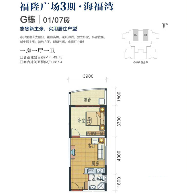 1房1厅1卫 建筑面积：49㎡